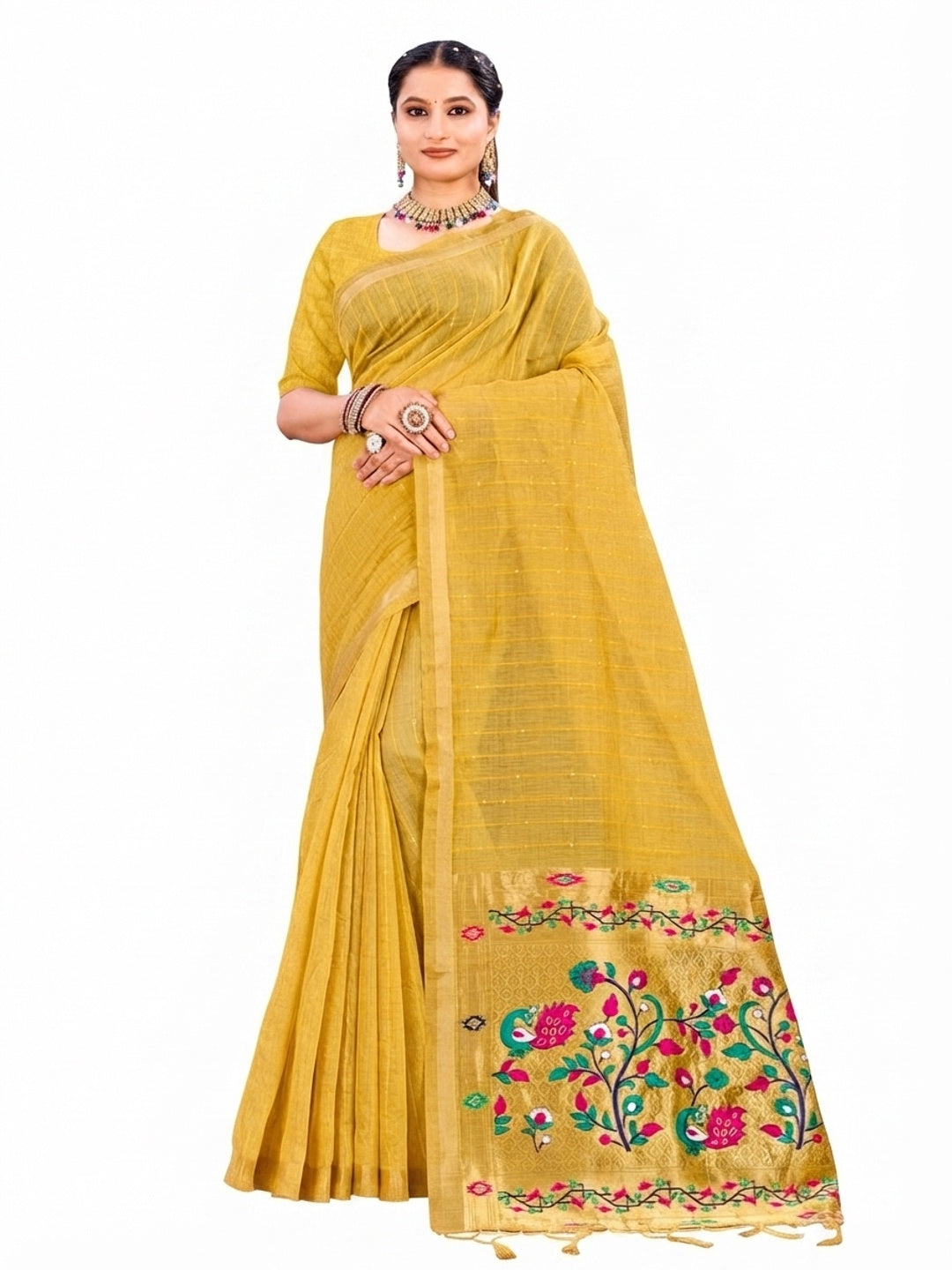 Peachmode Yellow Cotton Blend Varnika Cotton Saree - Image 5