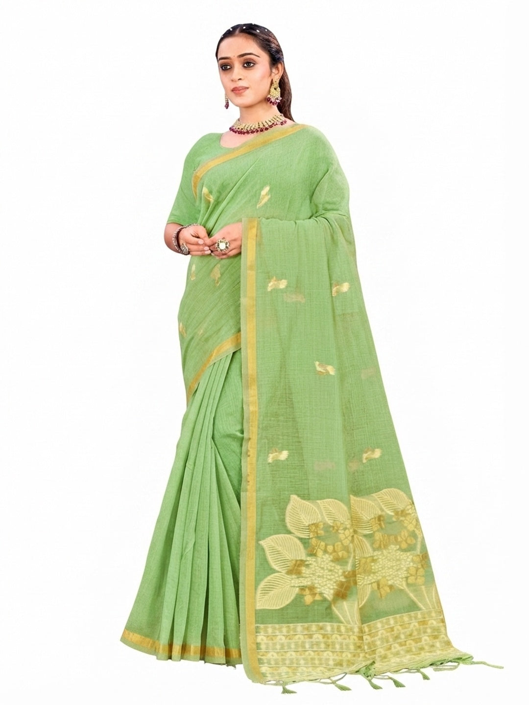 Peachmode Green Cotton Blend Varnika Cotton Saree - Image 7