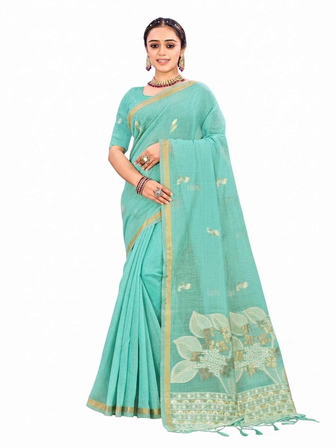 Peachmode Green Cotton Blend Varnika Cotton Saree - Image 6