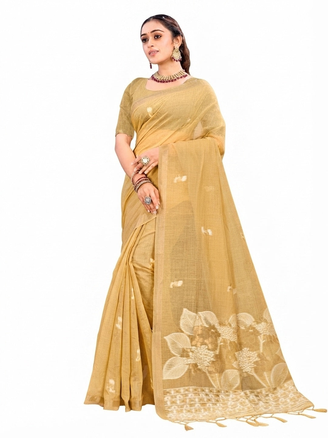 Peachmode Beige Cotton Blend Varnika Cotton Saree - Image 7