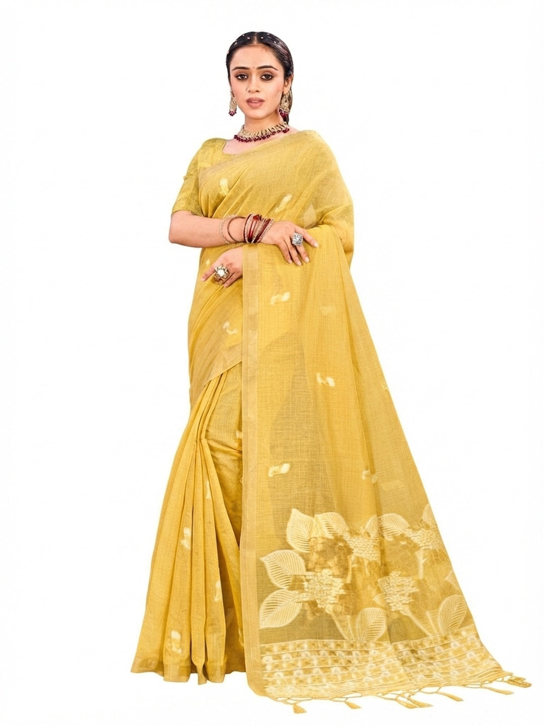 Peachmode Yellow Cotton Blend Varnika Cotton Saree - Image 7