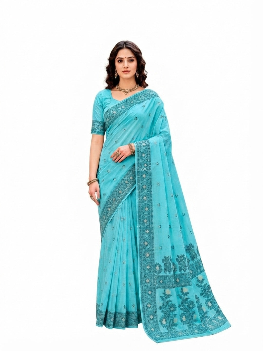 Peachmode Teal Cotton Blend Urvi Cotton Saree - Image 7