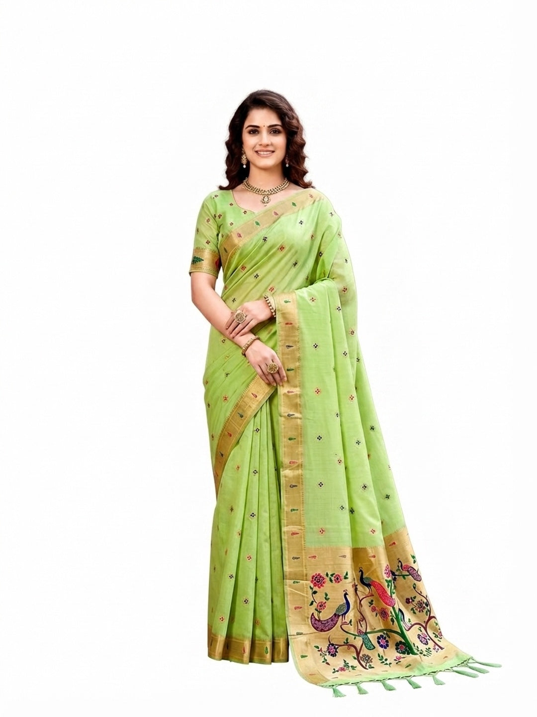 Peachmode Green Cotton Blend Tanya Cotton Saree - Image 5