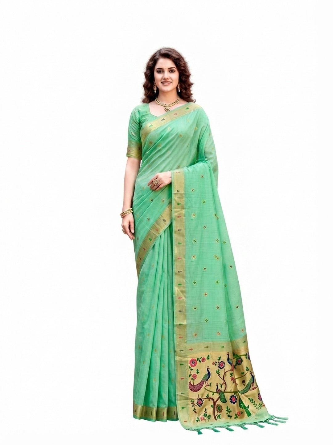 Peachmode Green Cotton Blend Tanya Cotton Saree - Image 5