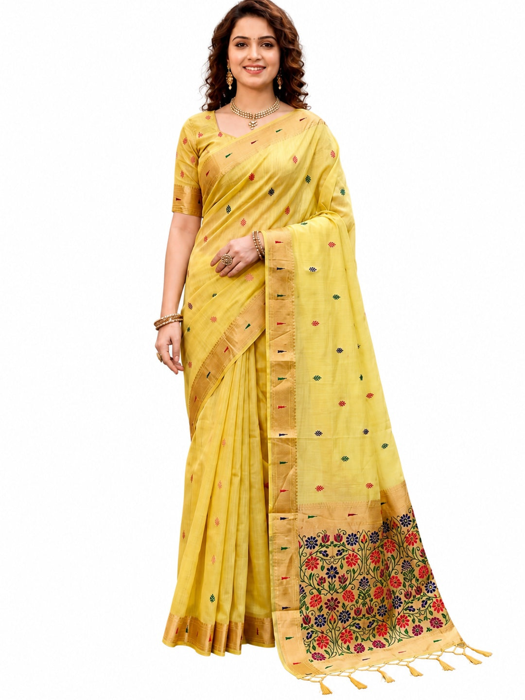 Peachmode Yellow Cotton Blend Rudrani Saree - Image 5
