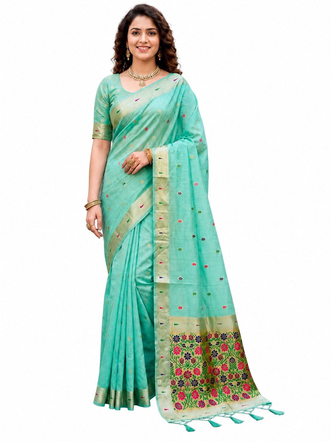 Peachmode Aqua Blue Cotton Blend Rudrani Saree - Image 5