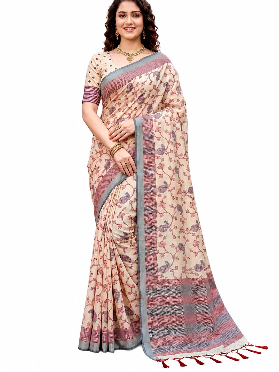 Peachmode Cream Cotton Blend Ruchi Cotton Saree - Image 5