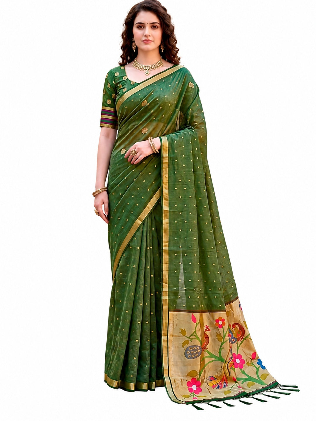 Peachmode Green Cotton Blend Prachi Cotton Saree - Image 6