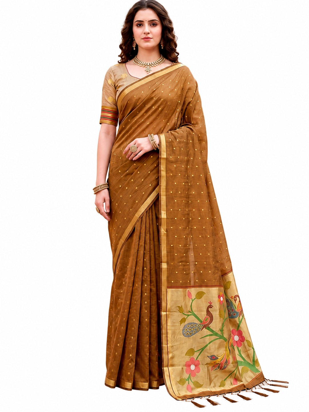 Peachmode Mustard Brown Cotton Blend Prachi Cotton Saree - Image 6