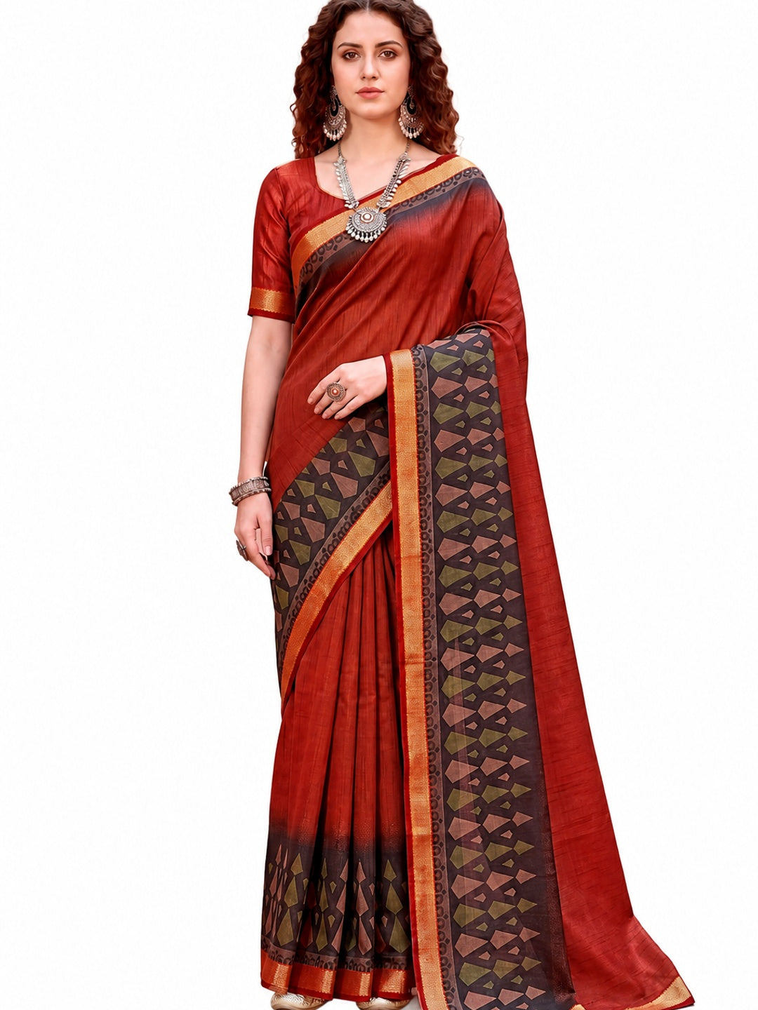 Peachmode Rust Red Cotton Blend Pankhuri Saree - Image 6