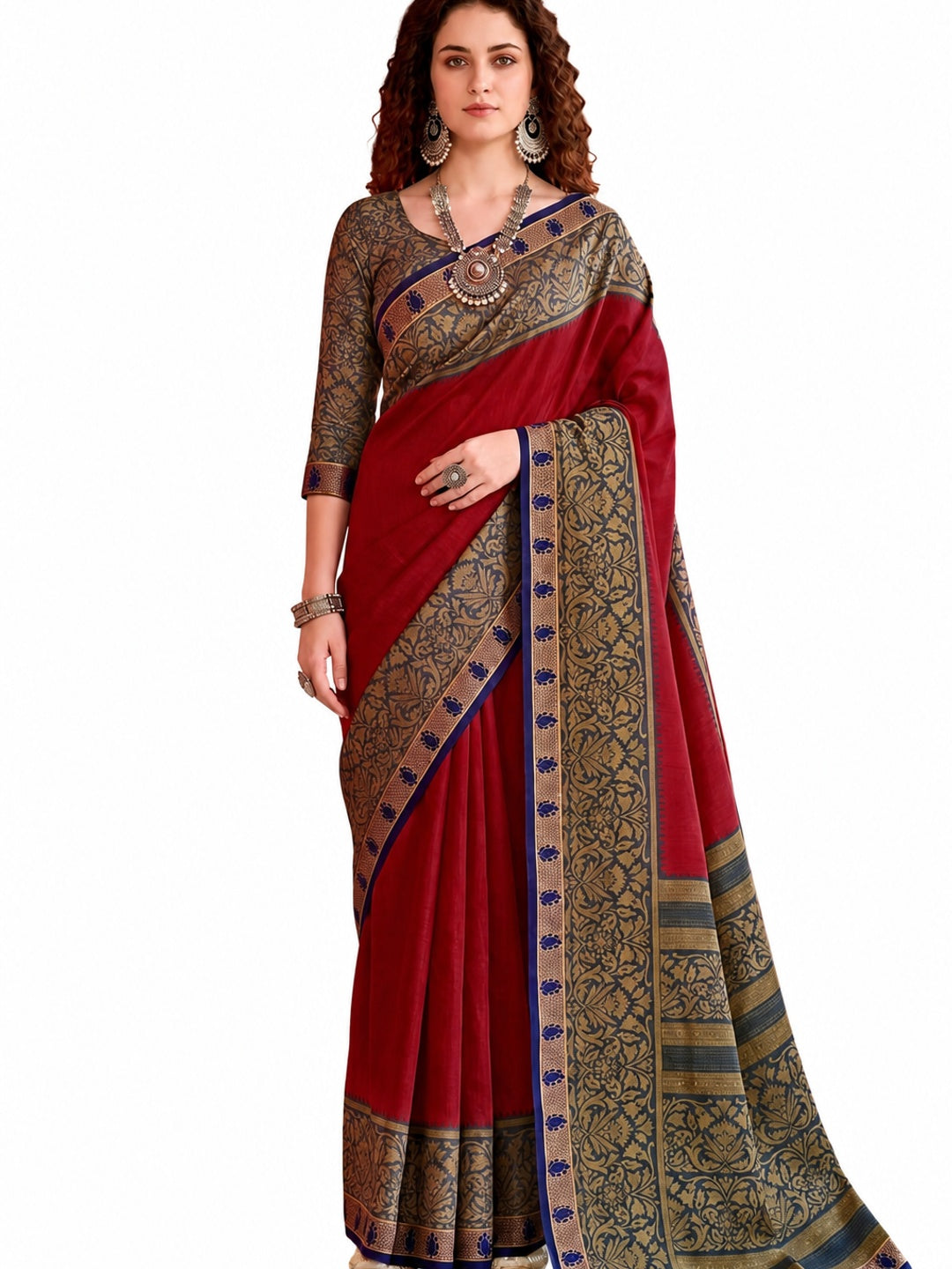 Peachmode Red Cotton Blend Pankhuri Saree - Image 6