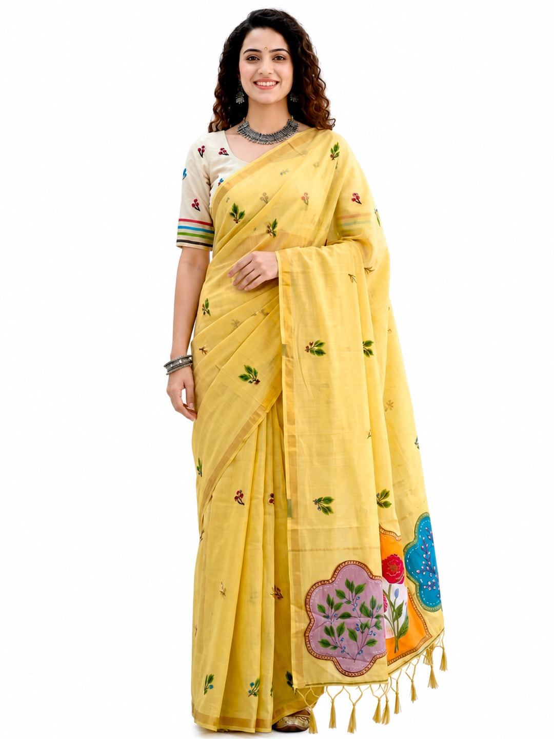 Peachmode Yellow Cotton Blend Mridula Saree - Image 6