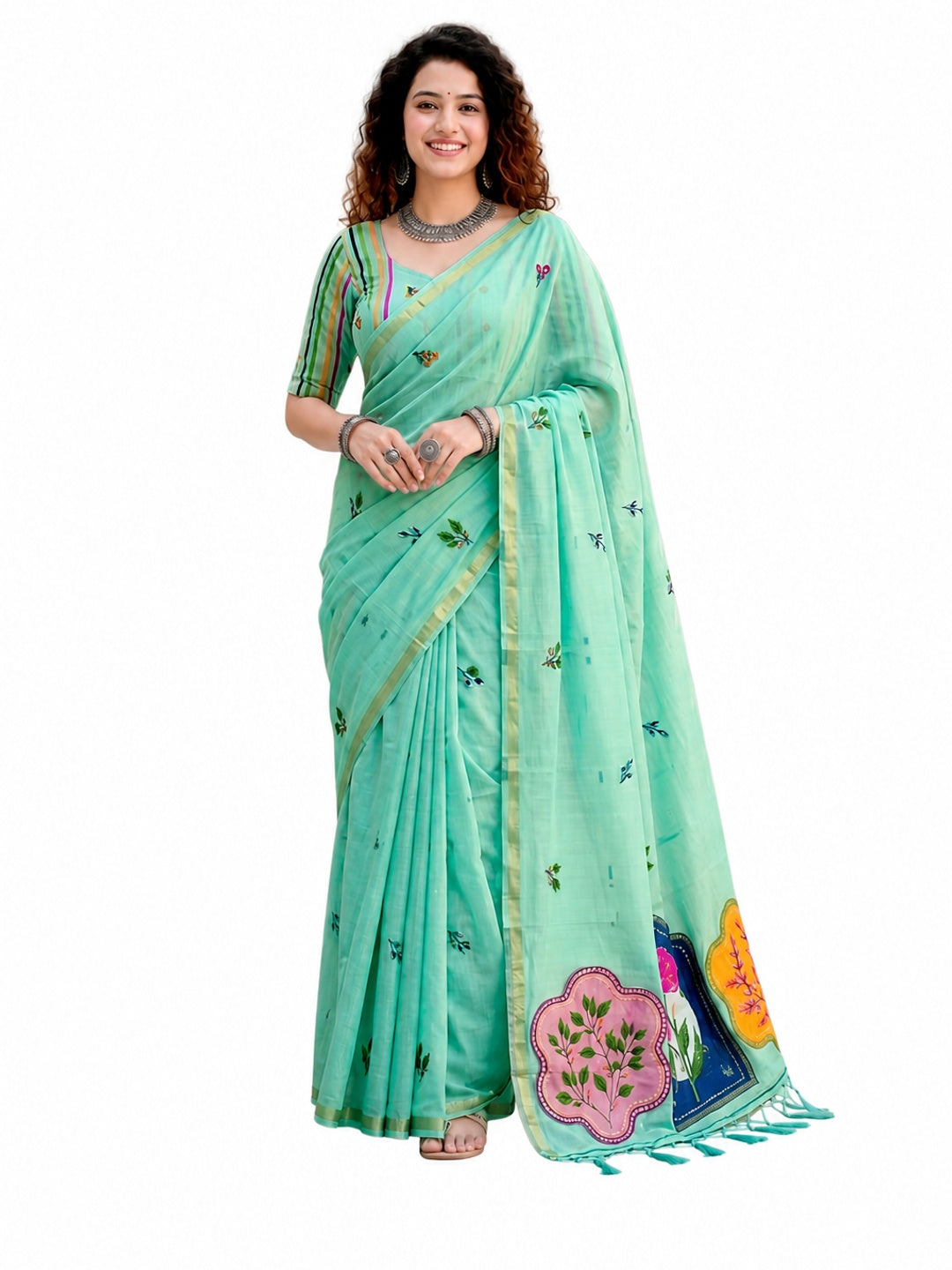 Peachmode Aqua Green Cotton Blend Mridula Saree - Image 6