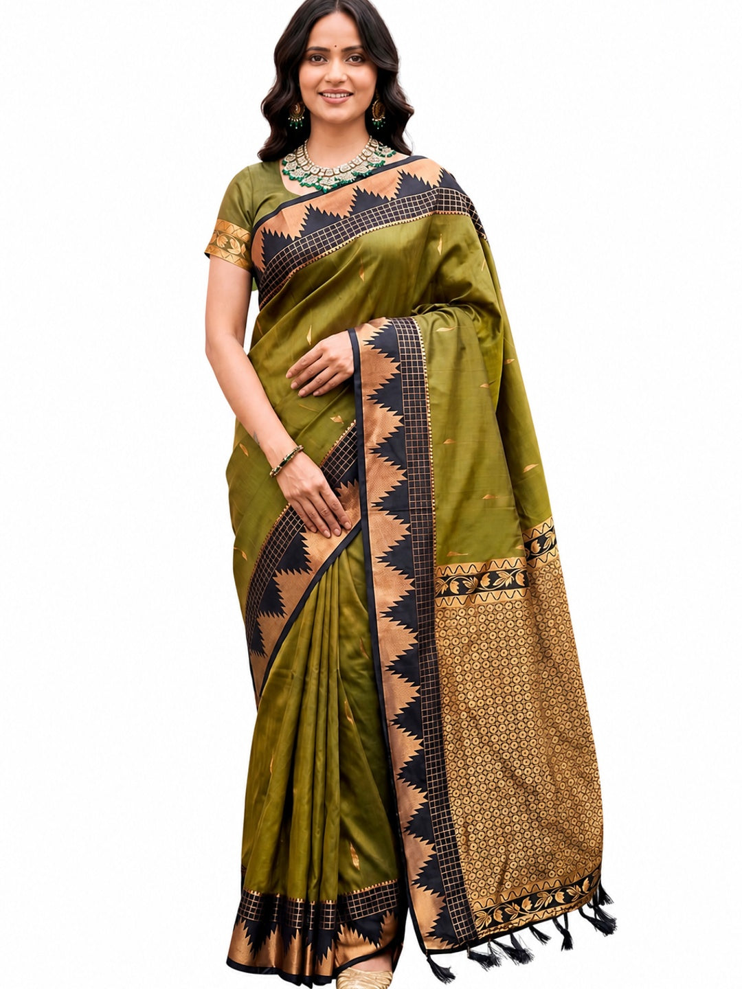 Peachmode Green Silk Blend Lichi Saree - Image 5