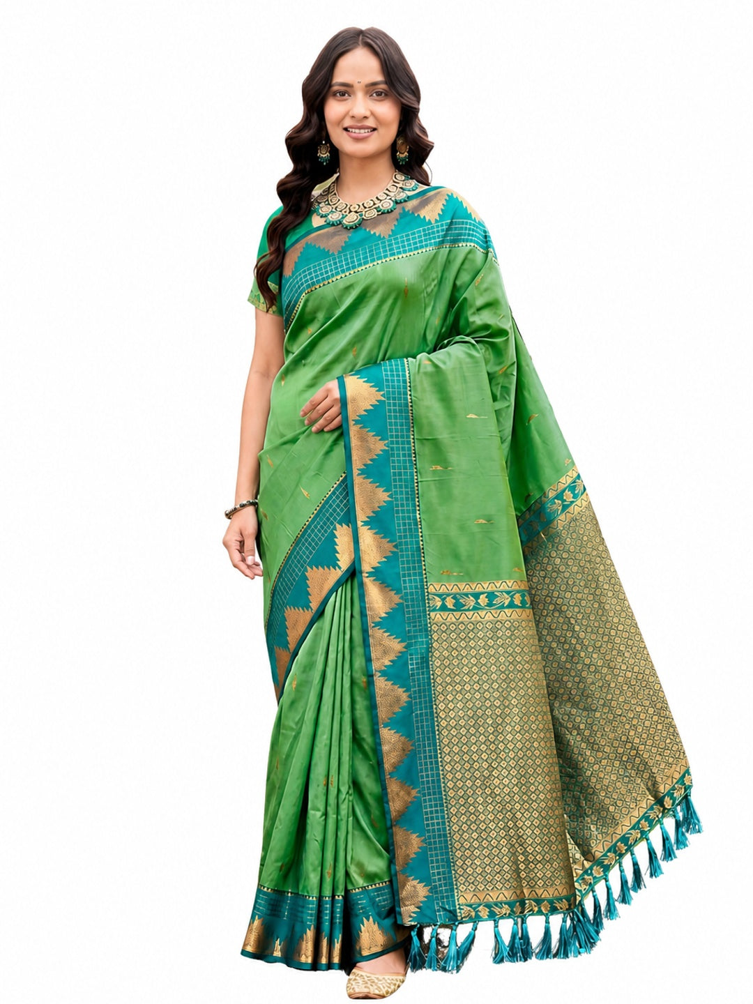 Peachmode Green Silk Blend Lichi Saree - Image 5
