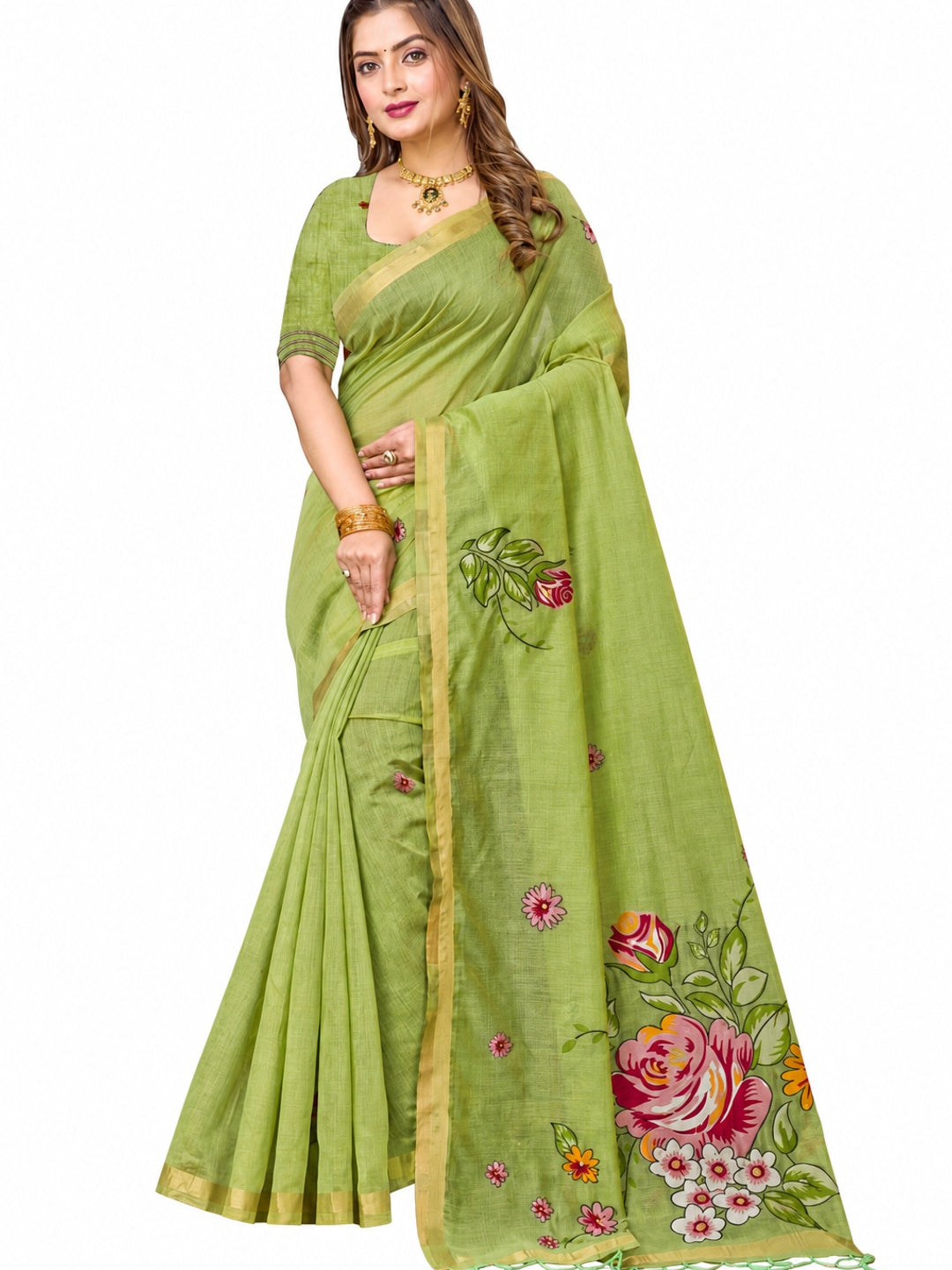Peachmode Green Cotton Blend Katha Saree - Image 6