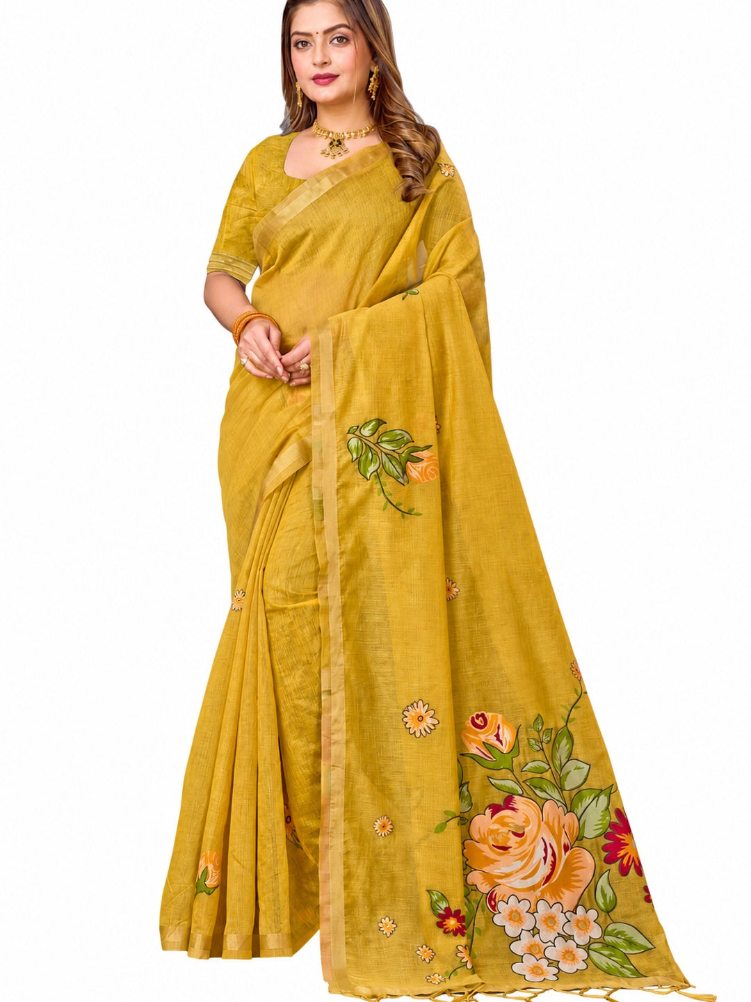 Peachmode Yellow Cotton Blend Katha Saree - Image 6