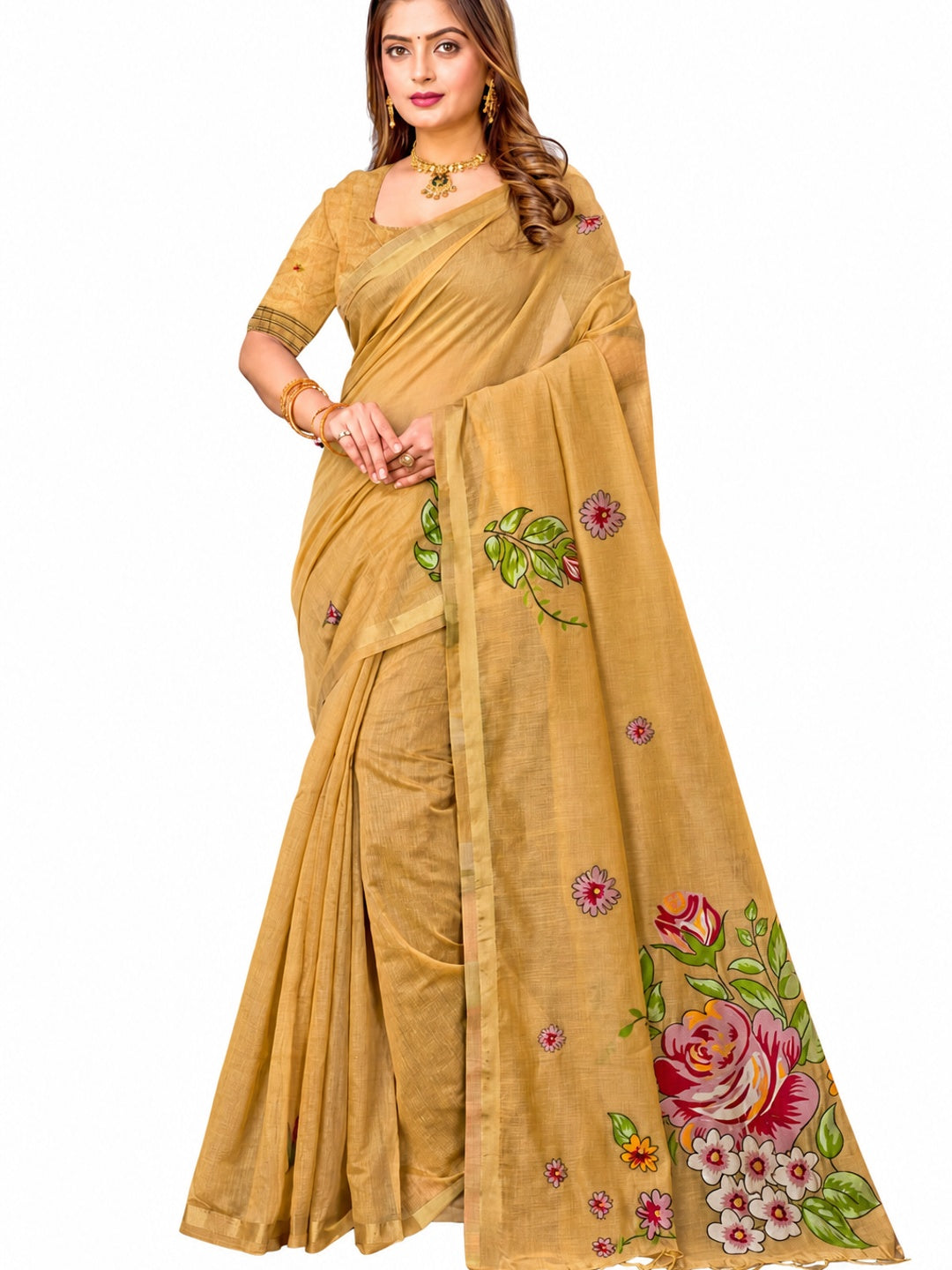 Peachmode Beige Cotton Blend Katha Saree - Image 6