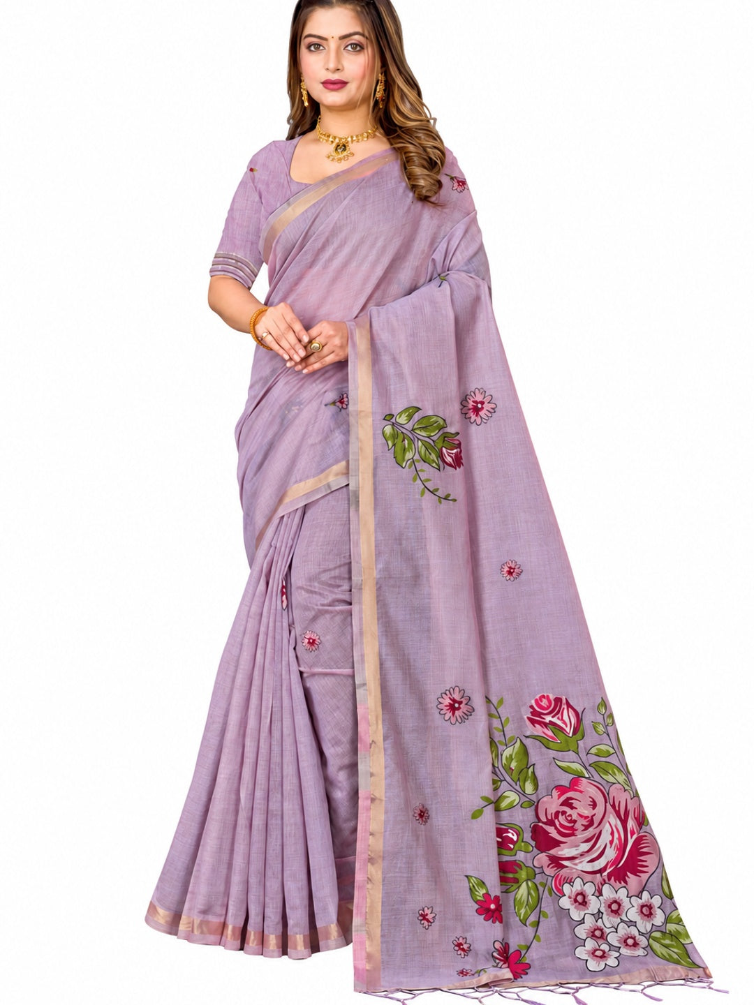 Peachmode Lavender Cotton Blend Katha Saree - Image 6