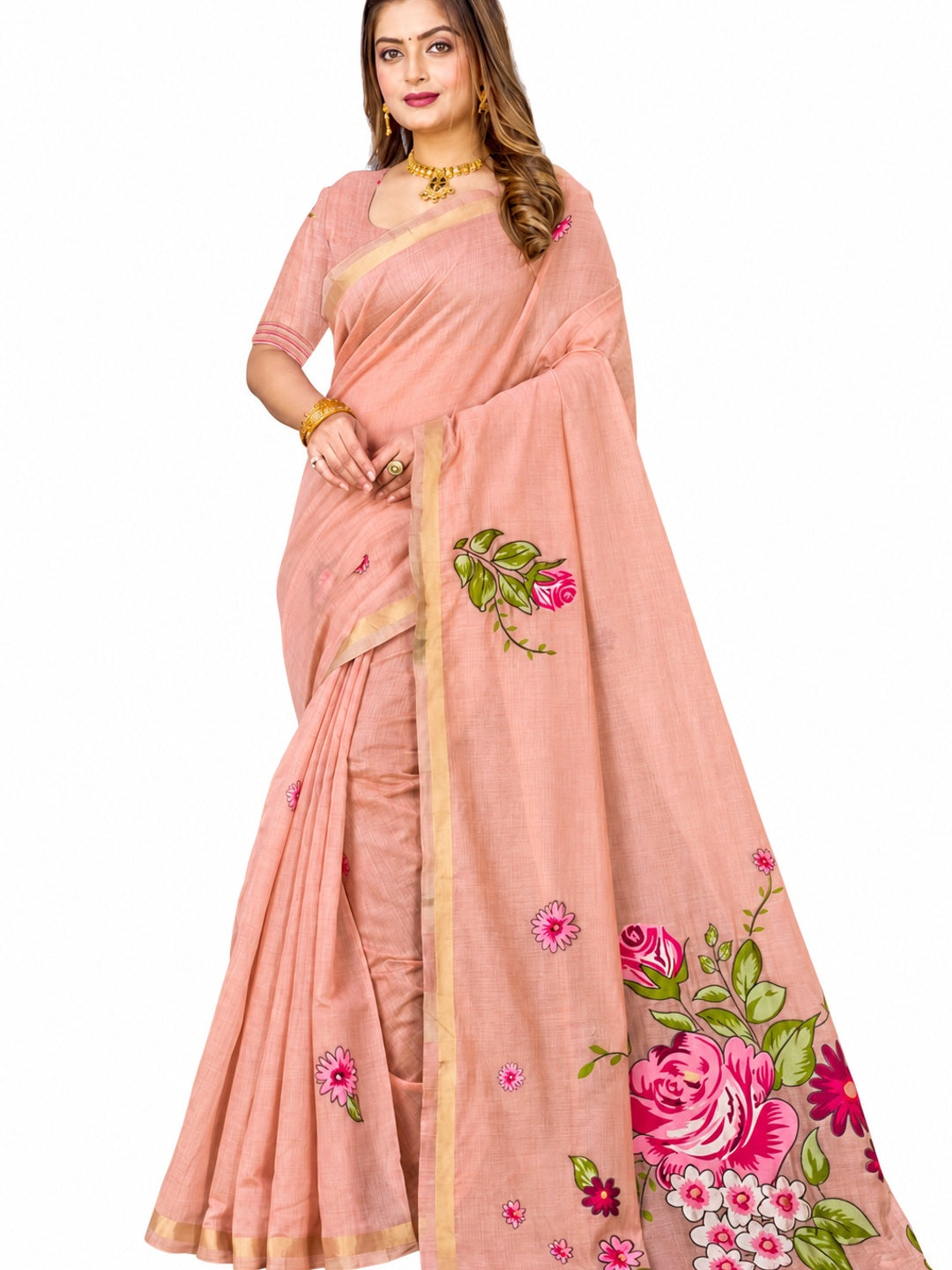 Peachmode Peach Cotton Blend Katha Saree - Image 6