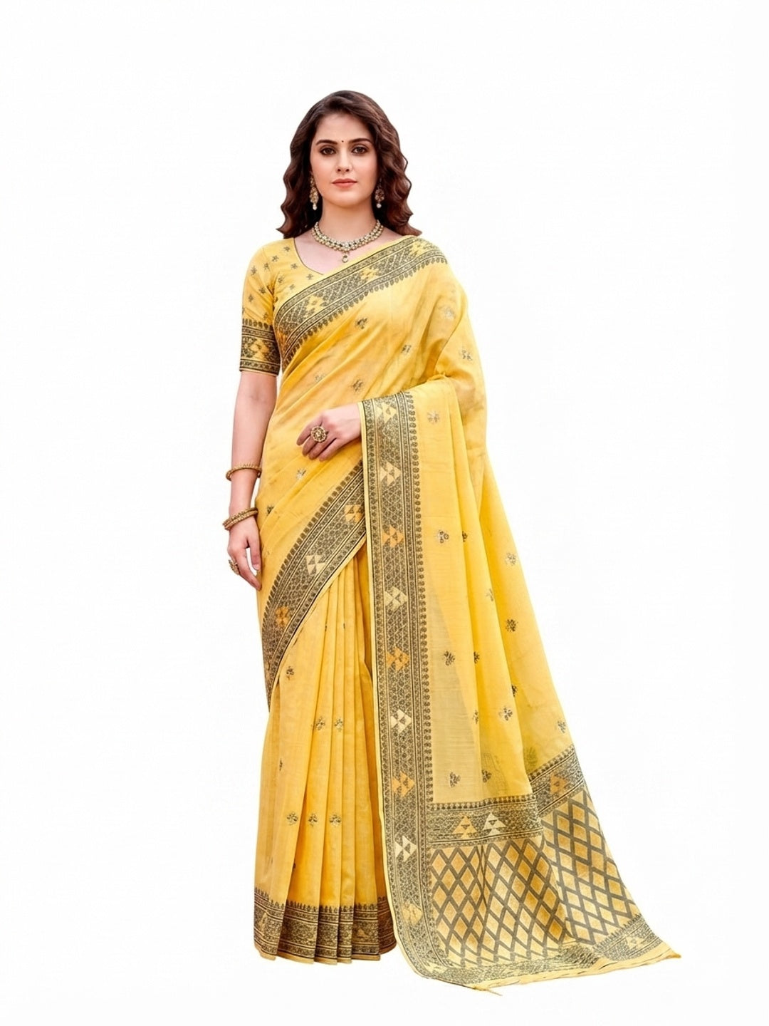 Peachmode Yellow Cotton Blend Kashvi Cotton Saree - Image 7