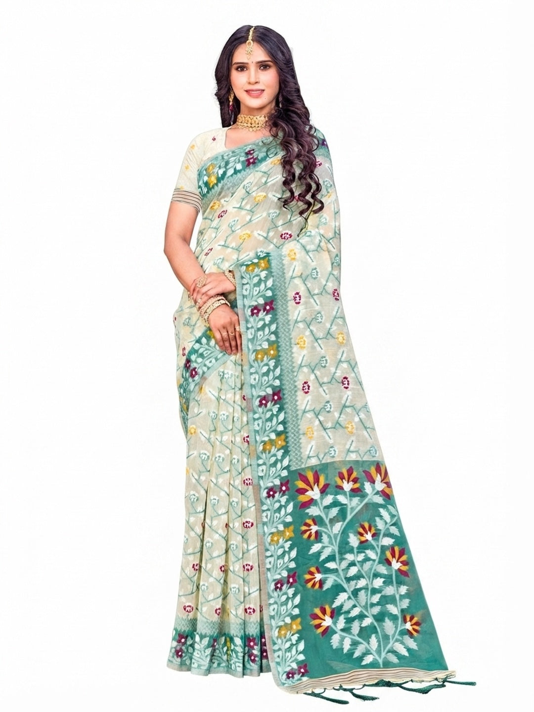 Peachmode Mint Green Cotton Blend Saree - Image 4