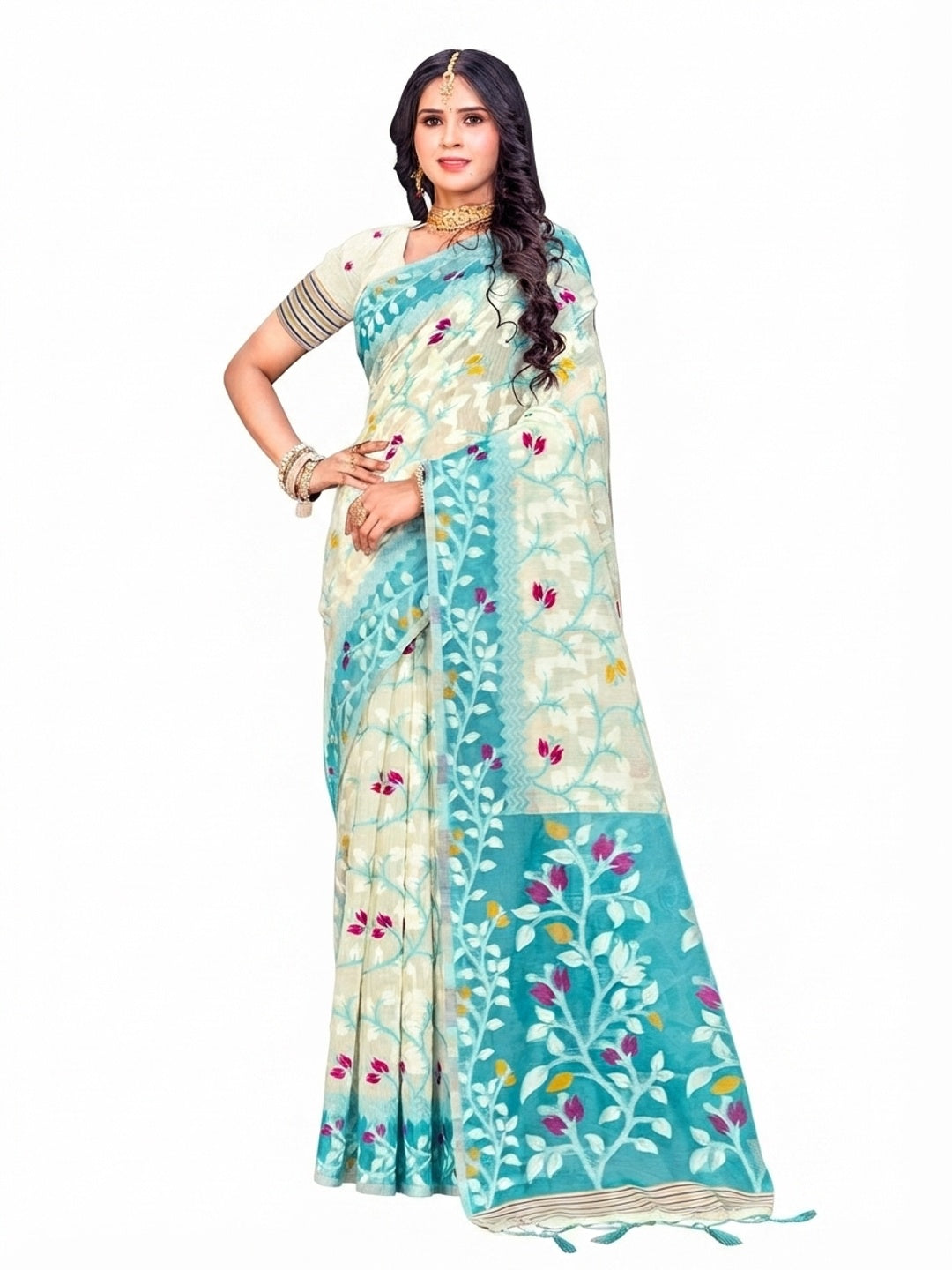 Peachmode Sea Green Cotton Blend Saree - Image 4