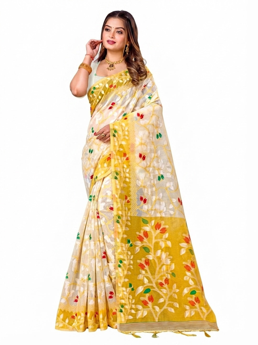 Peachmode Yellow Cotton Blend Kashish Saree - Image 4