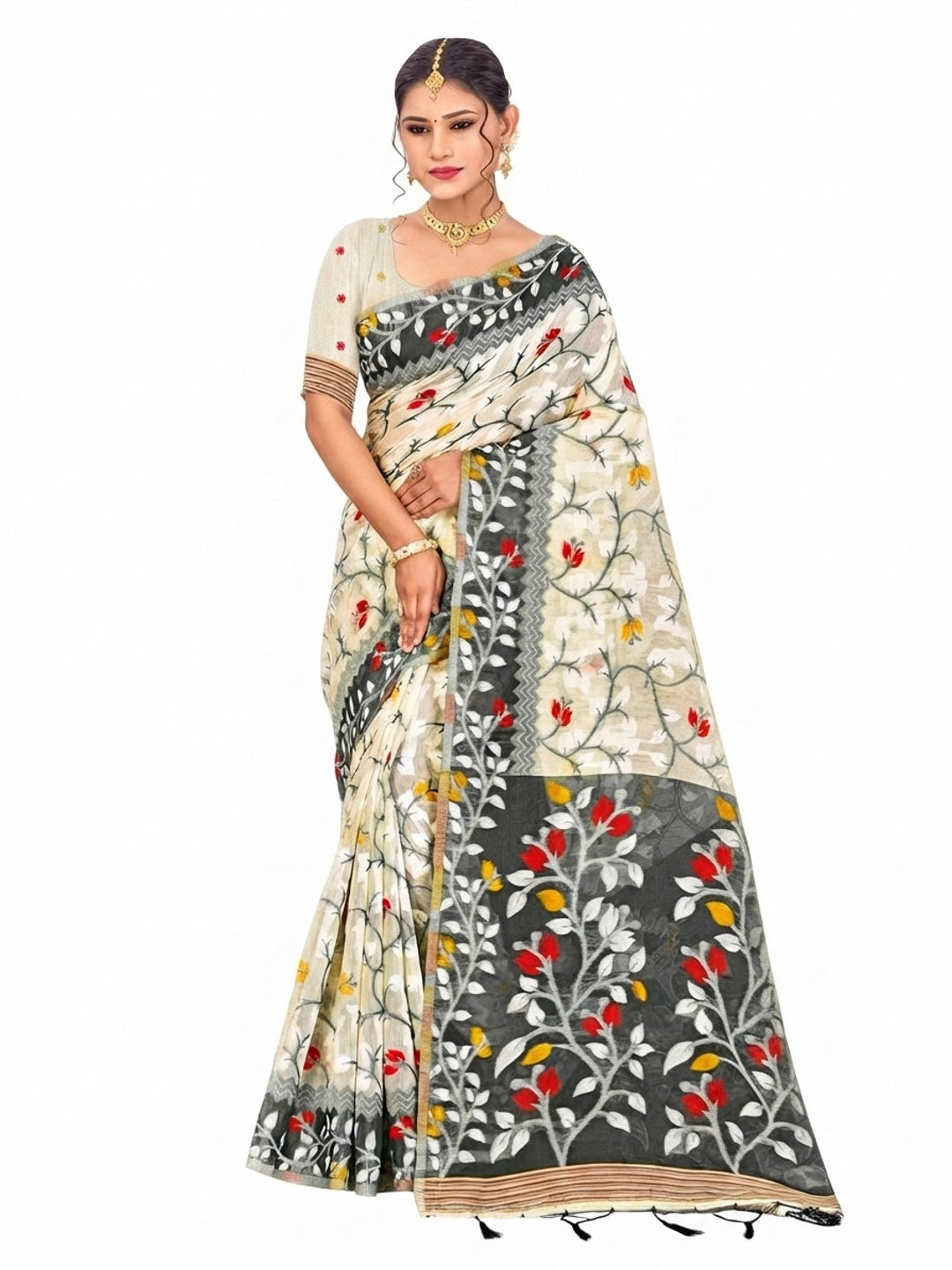 Peachmode Grey Cotton Blend Kashish Saree - Image 4