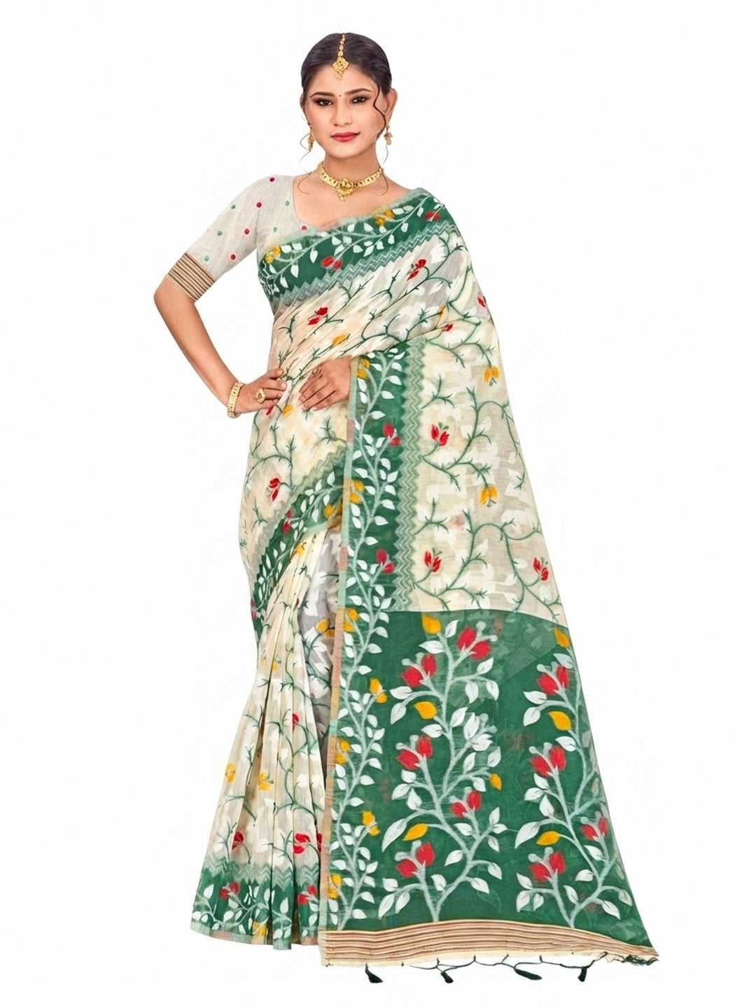 Peachmode Green Cotton Blend Kashish Saree - Image 4