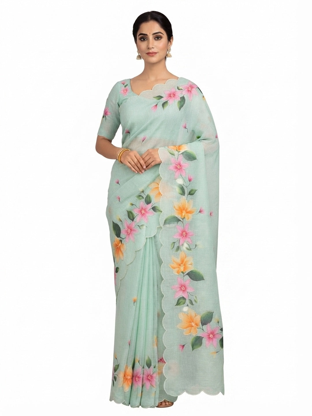 Peachmode Sea Green Cotton Blend Dashrangi Saree - Image 5