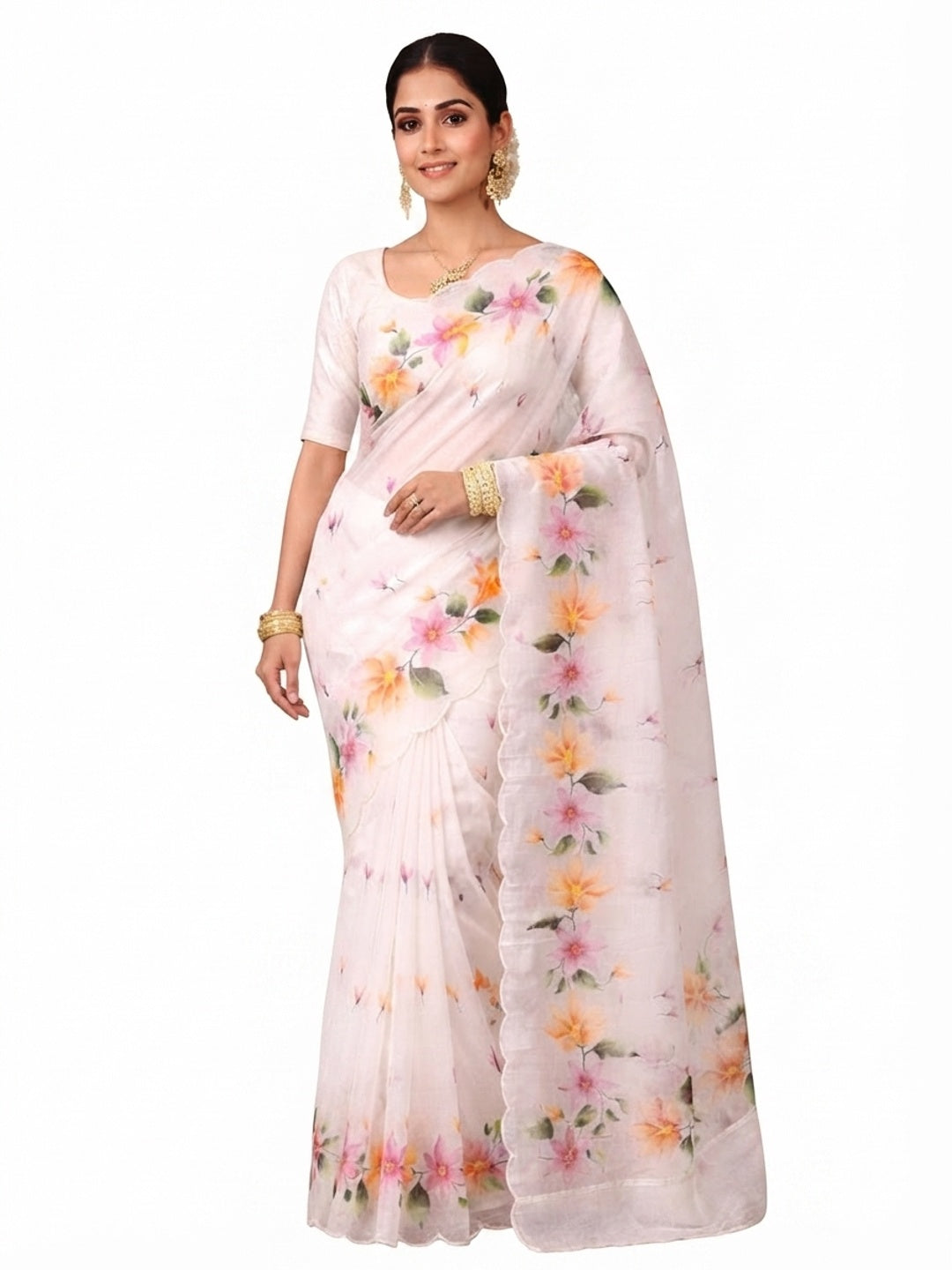 Peachmode Offwhite Cotton Blend Dashrangi Saree - Image 5