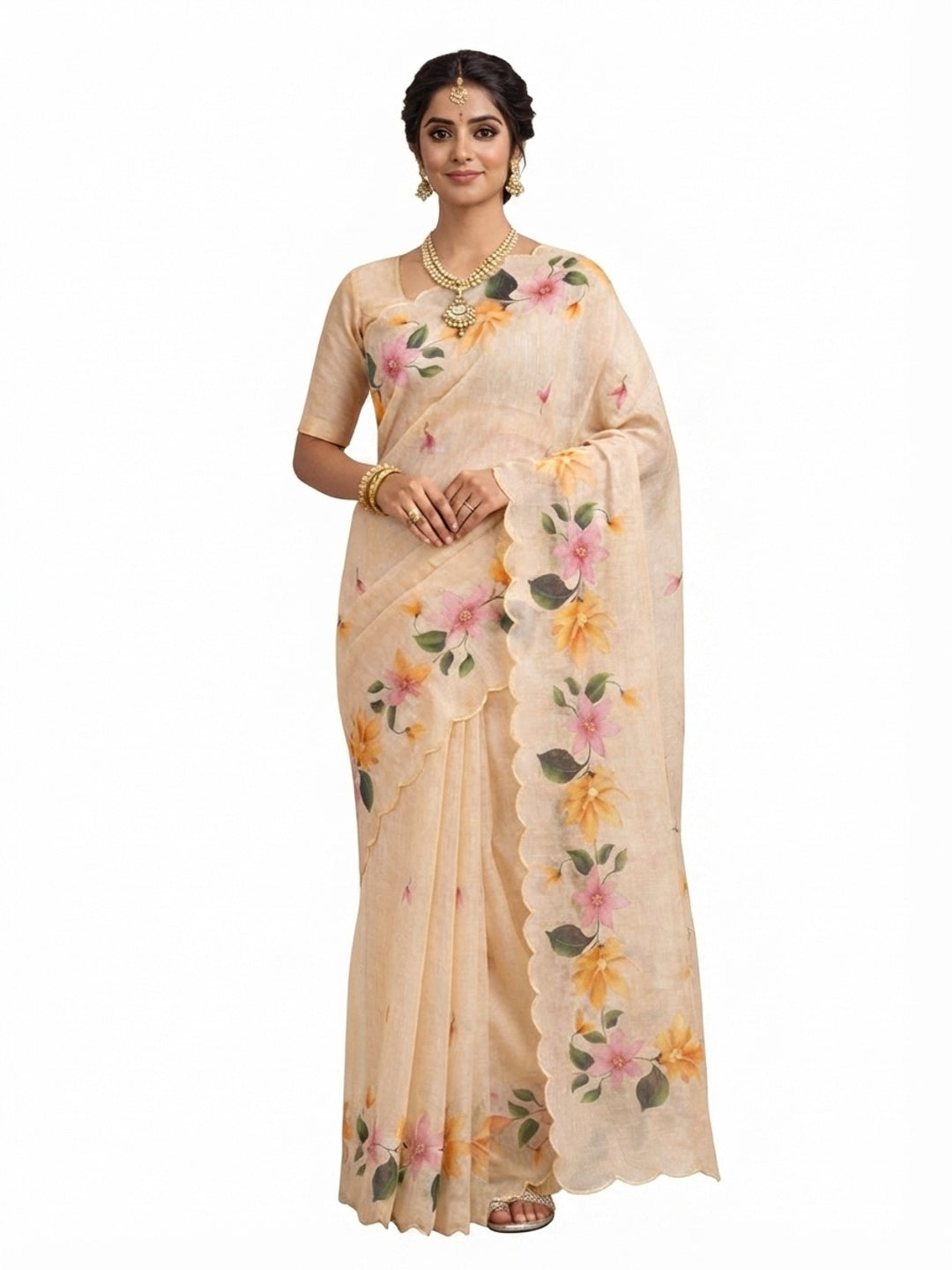 Peachmode Beige Cotton Blend Dashrangi Saree - Image 5