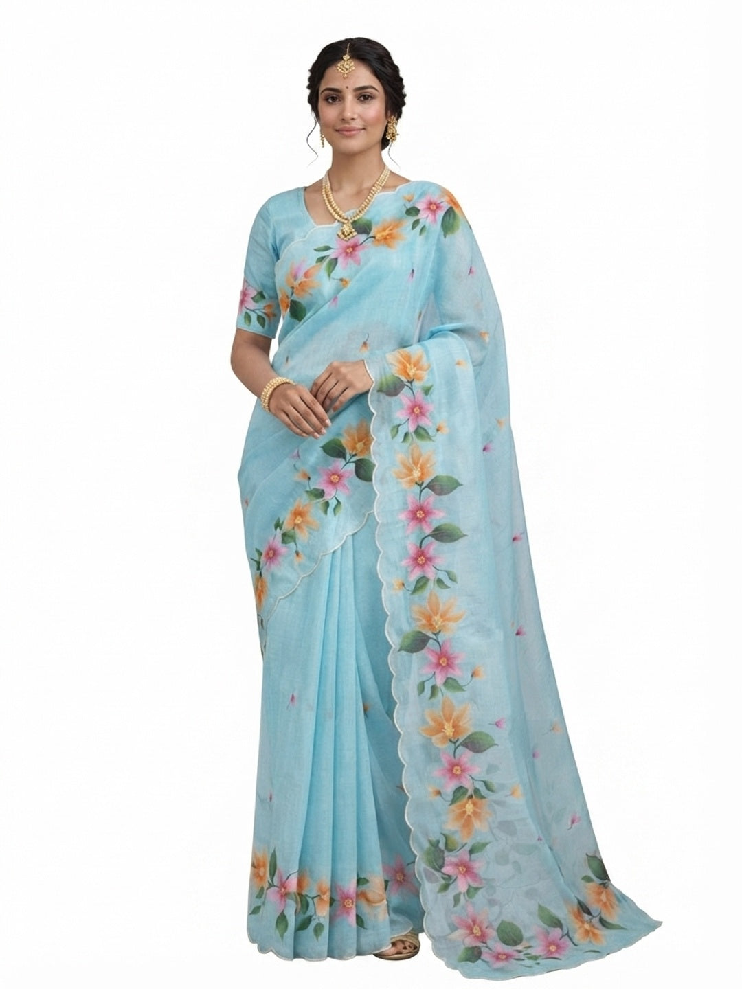 Peachmode Blue Cotton Blend Dashrangi Saree - Image 5