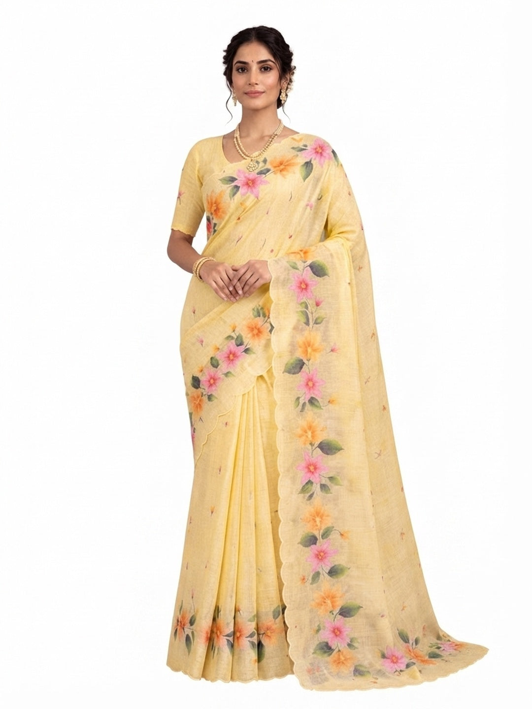 Peachmode Yellow Cotton Blend Dashrangi Saree - Image 5