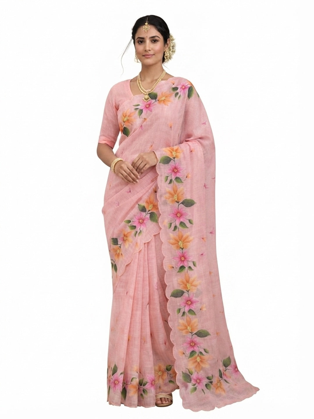 Peachmode Pink Cotton Blend Dashrangi Saree - Image 5