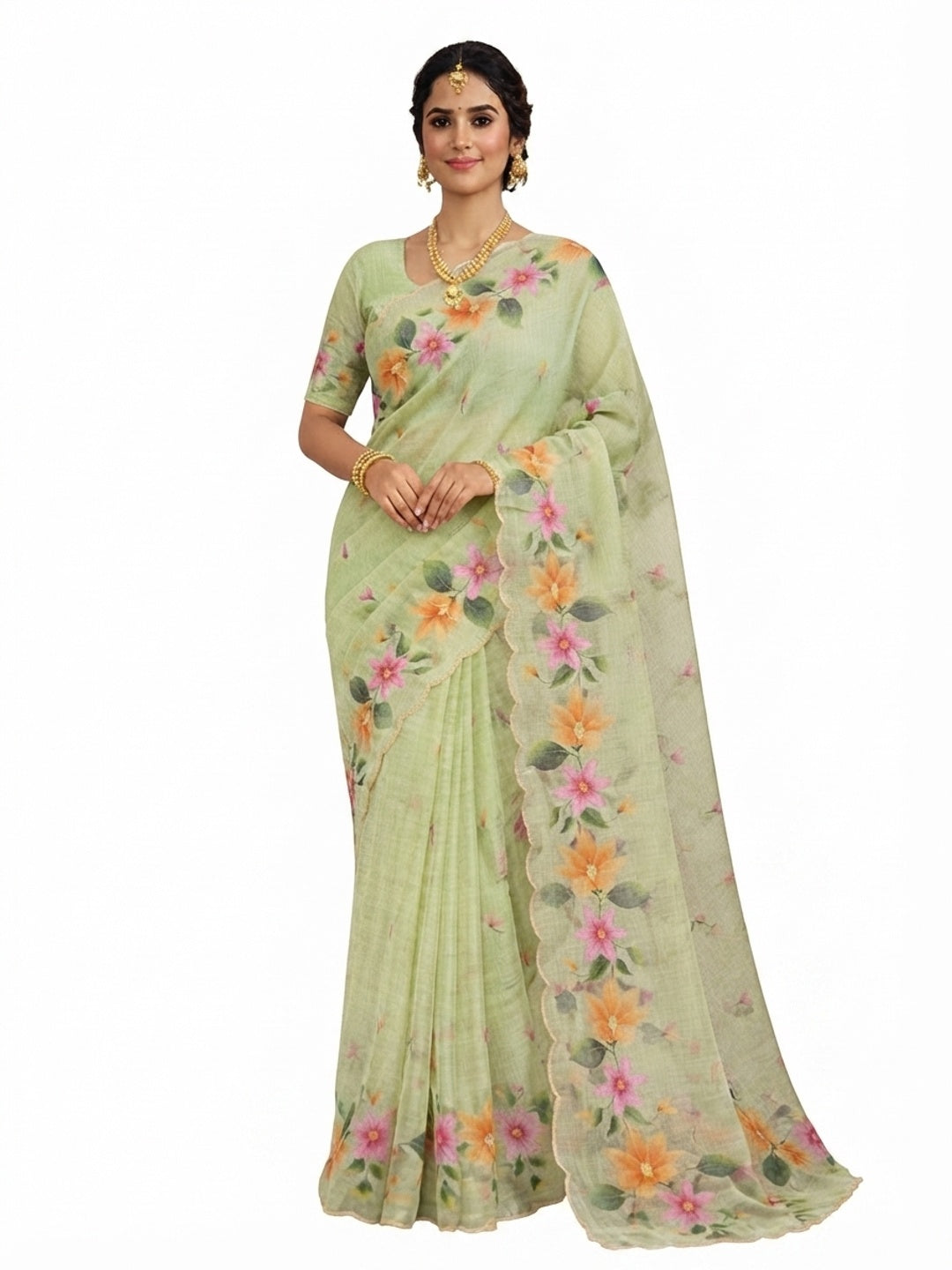 Peachmode Green Cotton Blend Dashrangi Saree - Image 5