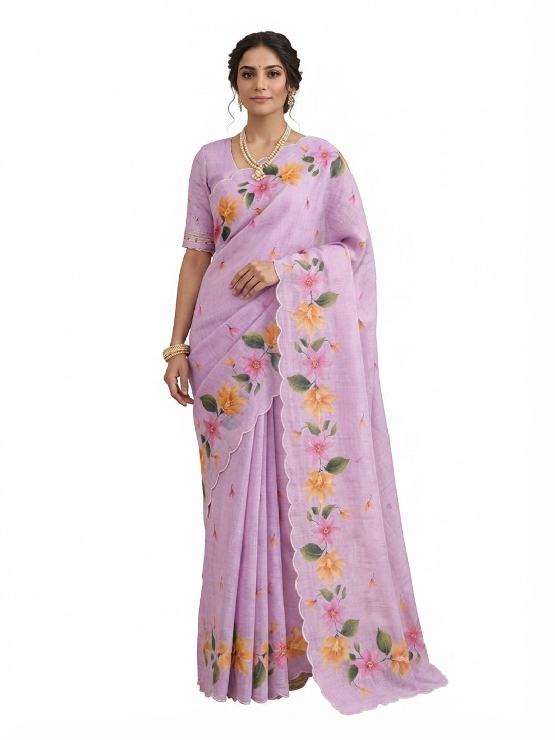 Peachmode Purple Cotton Blend Dashrangi Saree - Image 5