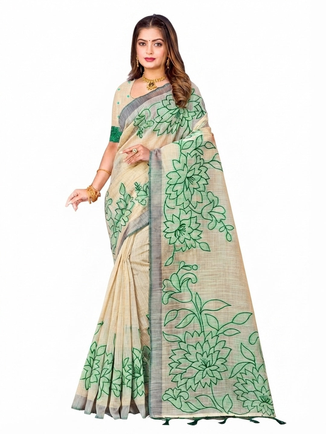 Peachmode Green Cotton Blend Aarika Cotton Saree - Image 6