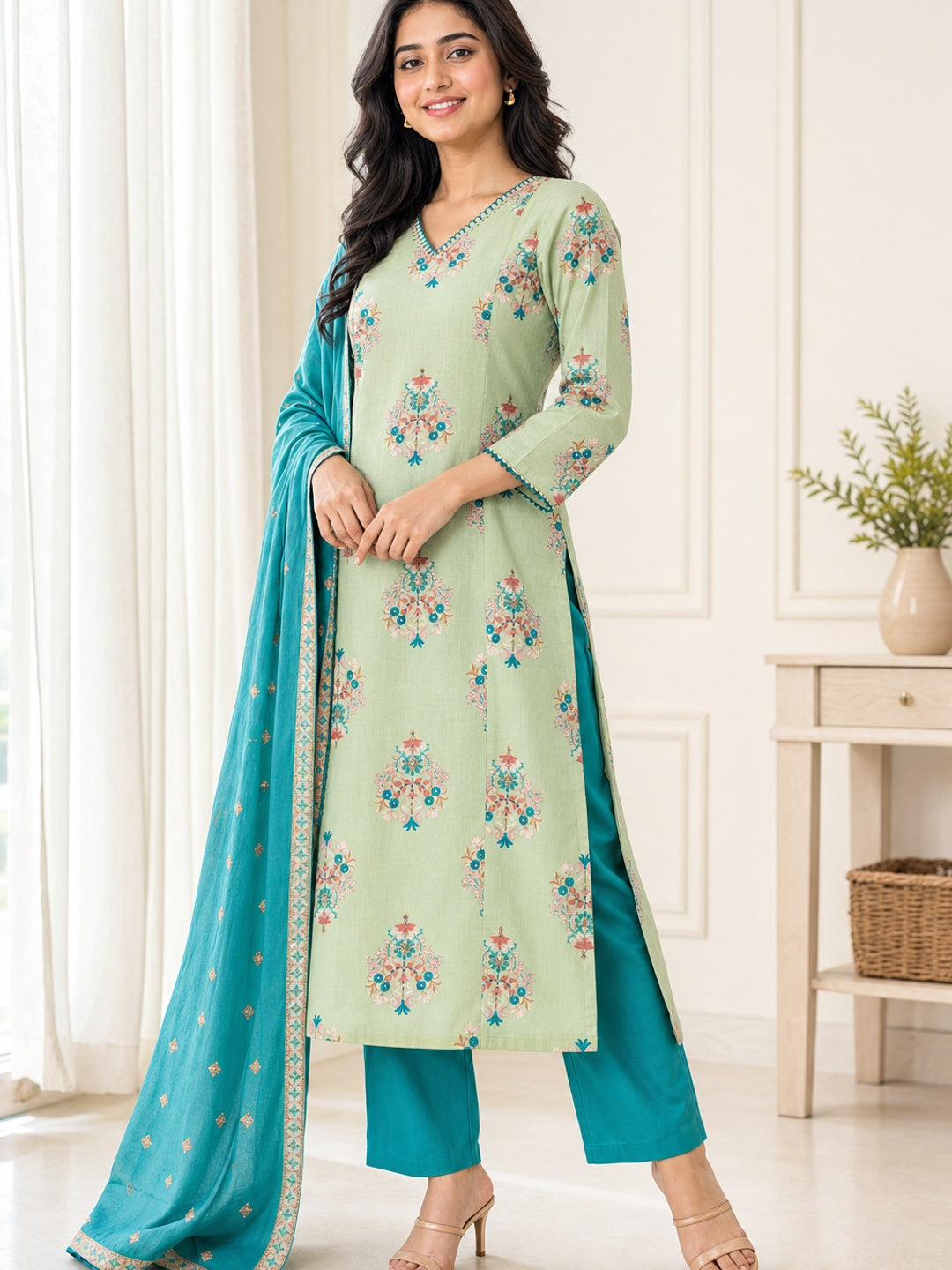 Green Cotton Floral Printed Salwar Suit Set - Image 3