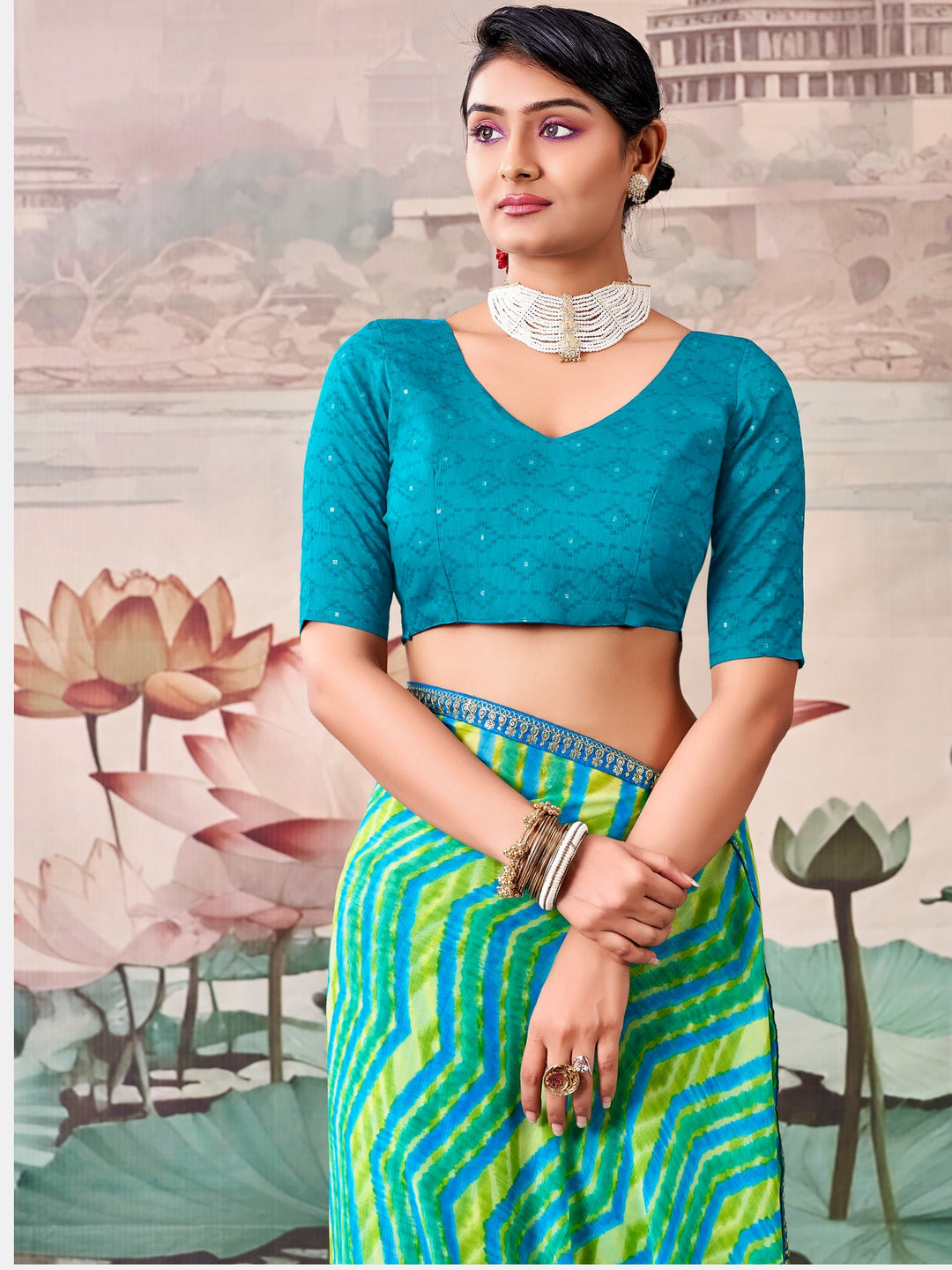 Peachmode Teal Raj Mahal Embroidered Saree - Image 1