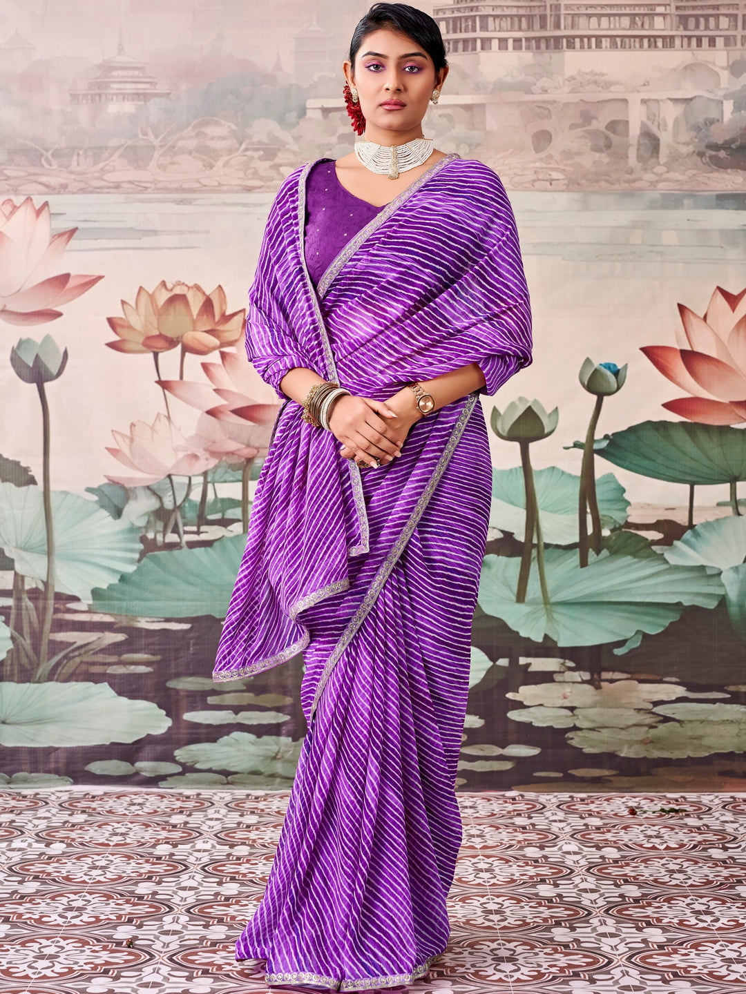 Peachmode Purple Raj Mahal Embroidered Saree - Image 1