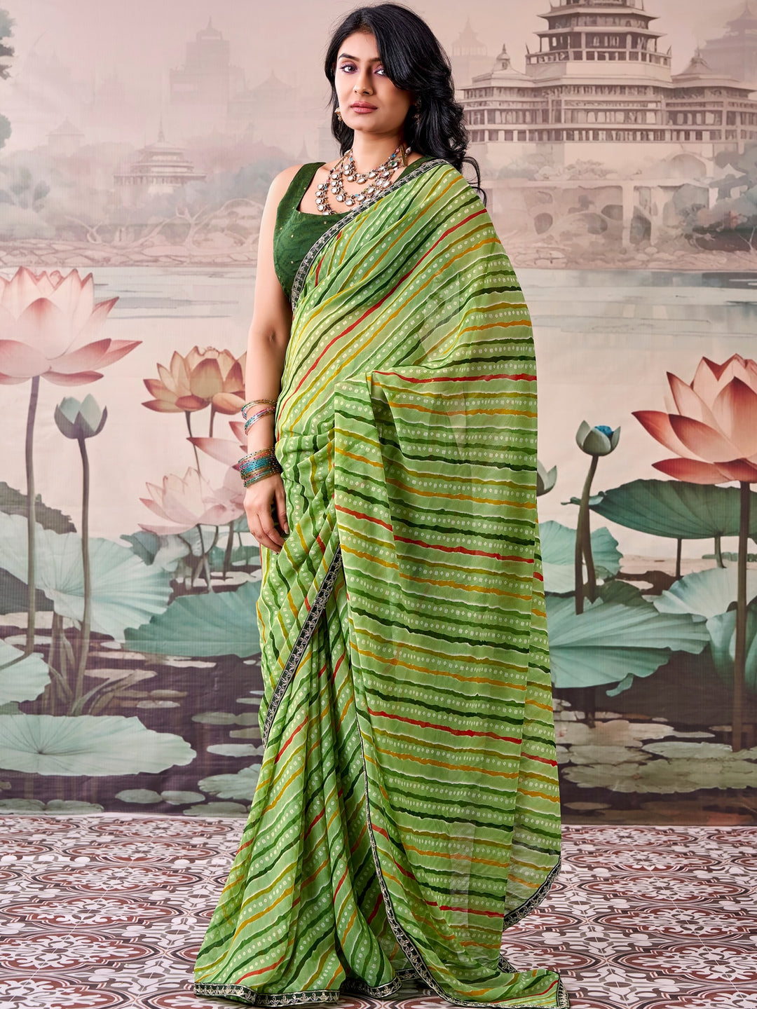 Peachmode Green Raj Mahal Embroidered Saree - Image 1