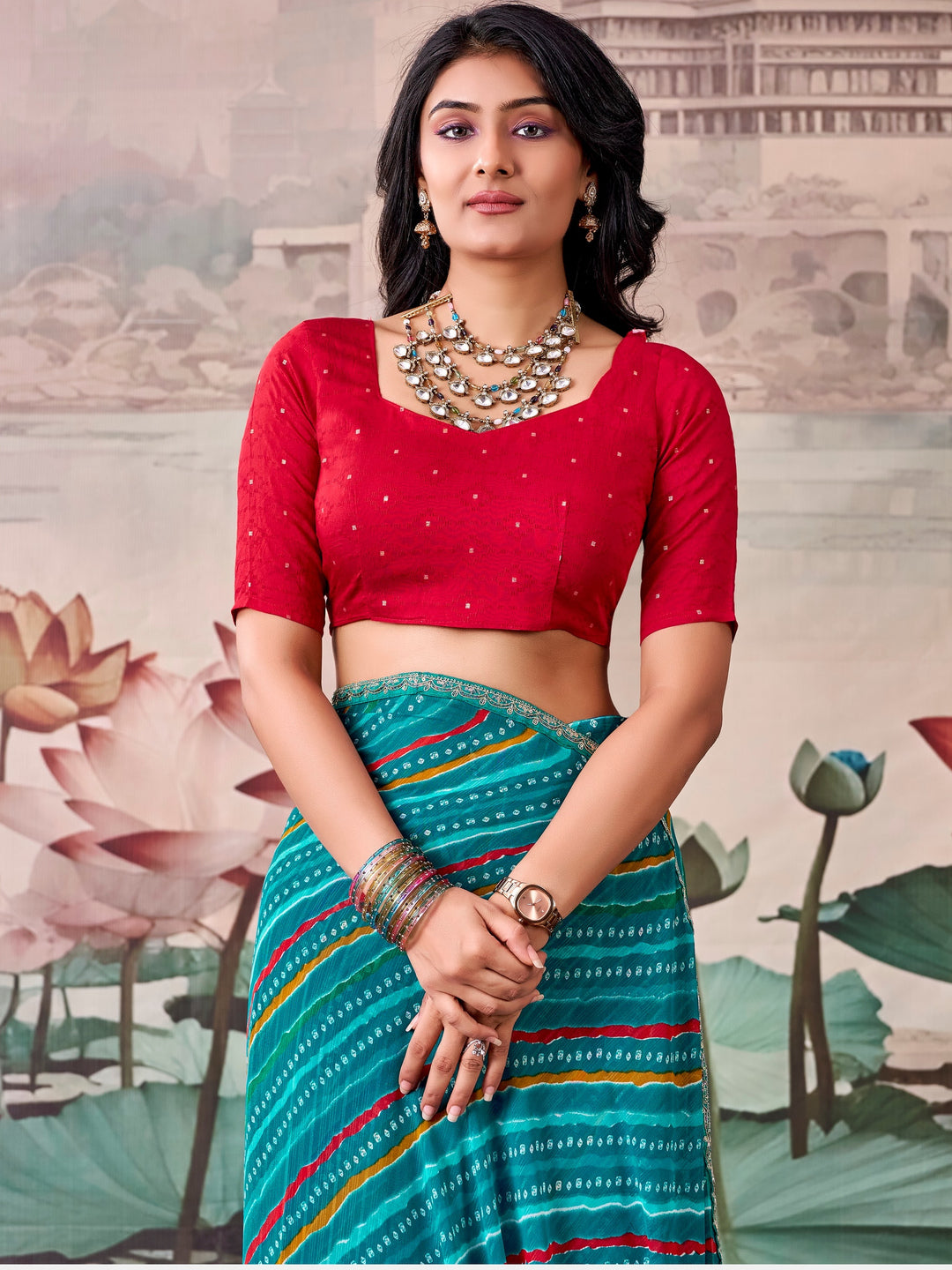 Peachmode Teal Raj Mahal Embroidered Saree - Image 1