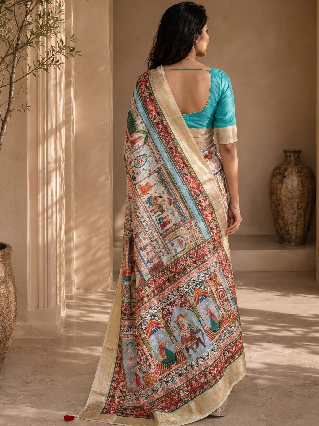 Peachmode Cream Dola Silk Position Digital Print Saree - Image 2