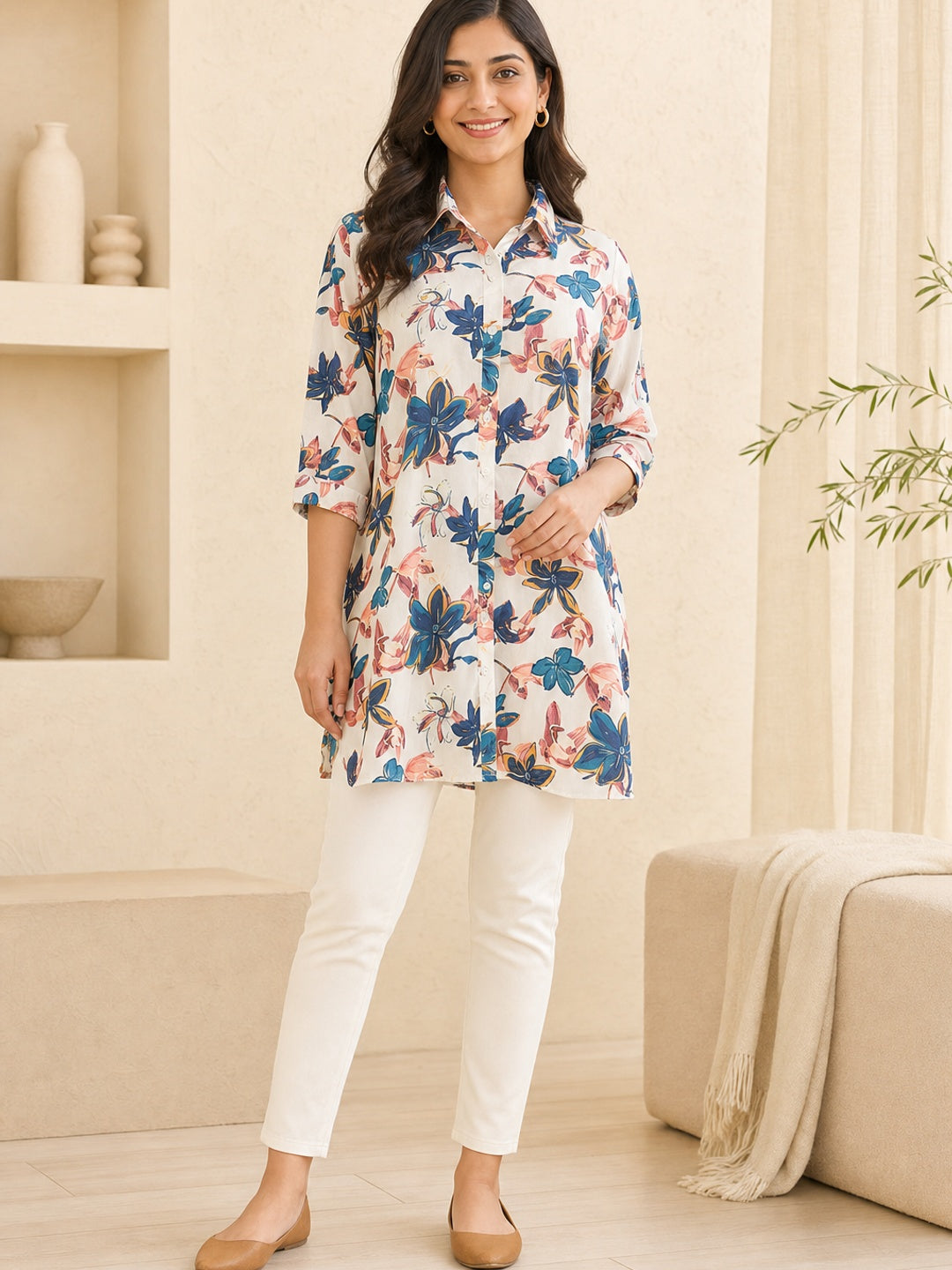 Off White Crepe Floral Printed Top - Image 1