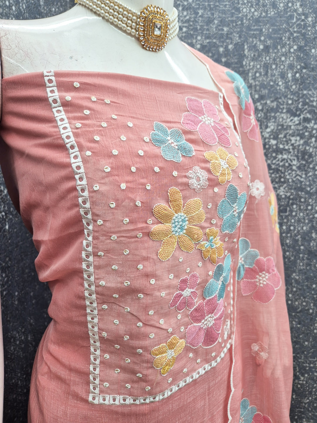 Peachmode Peach Crunchy Dress Material with Floral Embroidery - Image 3