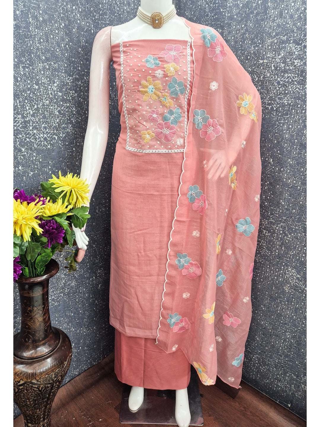 Peachmode Peach Crunchy Dress Material with Floral Embroidery - Image 4