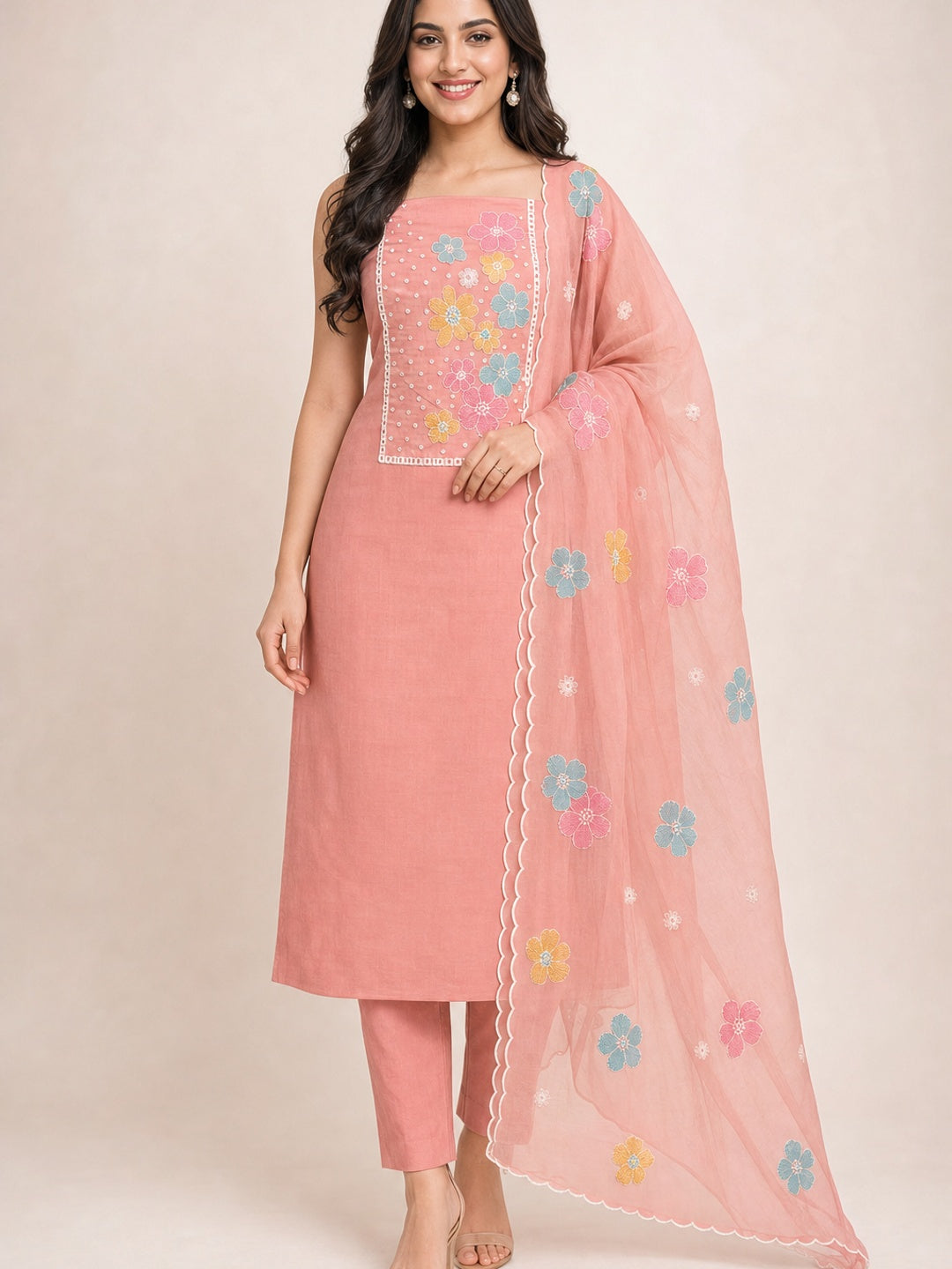 Peachmode Peach Crunchy Dress Material with Floral Embroidery - Image 2