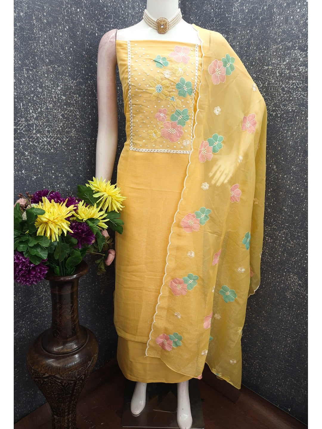 Peachmode Yellow Crunchy Dress Material with Floral Embroidery - Image 3